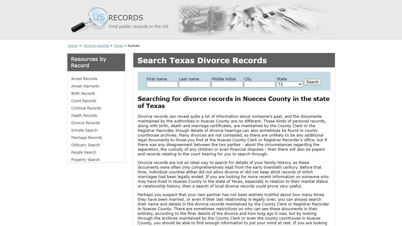 Search Divorce Records Nueces Texas | US Records
